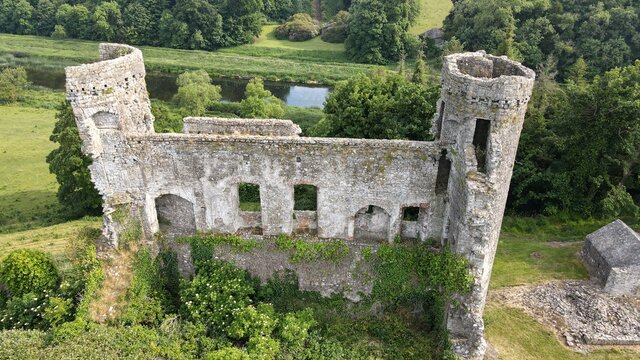 Aerial view. Ruins of Dunmoe Castle , Anglo-Norman donjon. Navan. Ireland