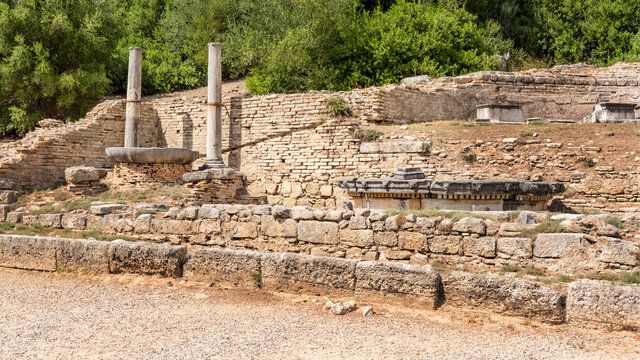Ruins of the Nymphaion (or Nymphaeum) a monumental fountain in ancient Olympia, Greece