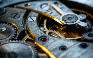 Clockwork gears wheels, close up view. Industry background.