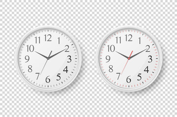 Vector 3d Realistic Simple Round White Wall Office Clock with White Dial Icon Set Closeup Isolated on Transparent Background. Design Template, Mock-up for Branding, Advertise. Front or Top View