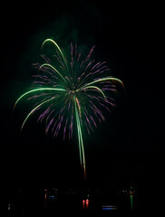 This stock image is vertical orientation of massive fireworks at night over a lake.  You can see...
