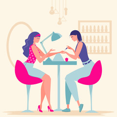 Beauty saloon. Girl makes a manicure to a client. A manicurist is talking to a girl.