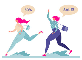 Flat vector illustration. Young girls running for sale. Big discounts in stores. Opening stores after quarantine.