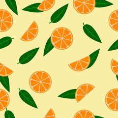 Fruit seamless pattern. Summer vector background
with chopped orange on a yellow background. For the design of fabrics, packaging and wallpapers.
