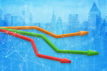 3D illustration composing with business building and stock chart.Symbol arrow up,with stock graph background.