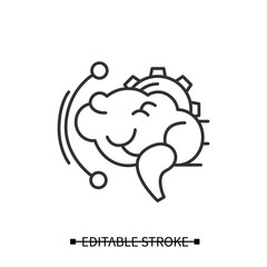 Brainstorming icon. Effective brain with gear linear pictogram. Creative art idea production and thinking process concept. Editable stroke vector illustration for web and business presentation