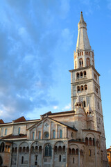 Fototapeta na wymiar Modena, Italy, Ghirlandina tower and romanesque cathedral, Piazza Grande, tower bell of the city