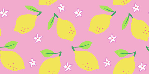 Seamless lemon vector pattern. Cute citrus summer fruit flower floral for wallpaper textile fabric designs. Cute vector illustrations in hand drawn style