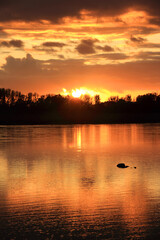 Colorful sunset by the Odra River, Poland.