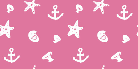 Vector seamless pattern with hand drawn summer elements, nautical designs, anchor ocean starfish seashell vacation tropical