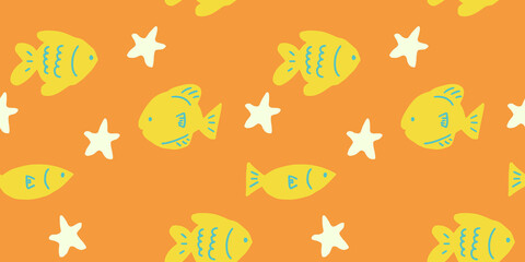 Vector seamless pattern with hand drawn fish designs with starfish, sea vacation tropical