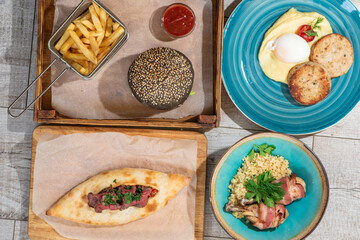 Several different tasty dishes, healthy and unhealthy