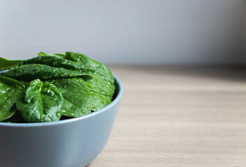 Closeup grey ceramic bowl with raw fresh spinach leaves on light background with copy space. Concept of healty food