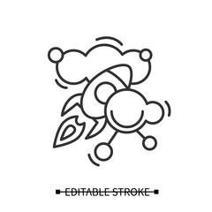Creative inspiration icon. Rocket launching in information sky linear pictogram. Concept of artistic insight and productive idea. Editable stroke vector illustration for web and business.