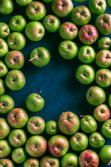Fresh green organic apples vibrant color overhead arrangement on blue background studio shot