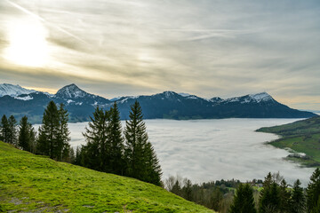 Beautiful view on clouds above Zugersee lake and Mount Rigi in Switzerland
