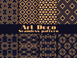 Art deco set of seamless pattern. Retro backgrounds, gold and black color. Style 1920's, 1930's. Lines and geometric shapes. Vector illustration