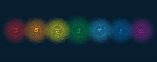 Chakras set: muladhara, swadhisthana, manipura, anahata, vishuddha, ajna, sahasrara. Vector line symbol. Icon with rounded circle smoke aura. EPS 10 Vector illustration. - obrazy, fototapety, plakaty