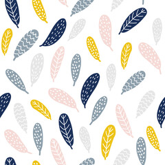 Pattern with bird's feathers. Hand-drawn stylized simple flat pattern on the white background. Vector illustration