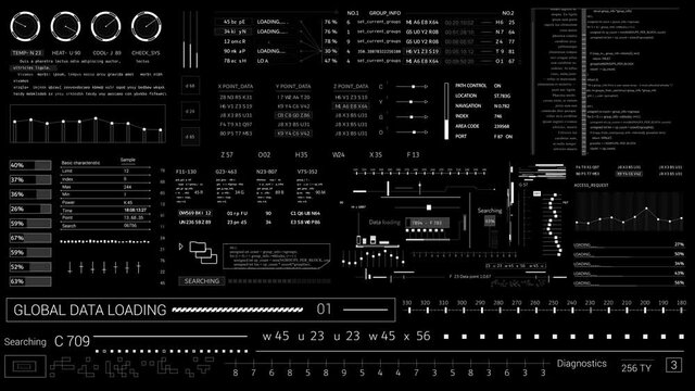 PNG Alpha.HUD technological elements.Futuristic infographic Sci Fi user interface .Information data HUD.Animated texture for 3D animated material.Broadcast design.