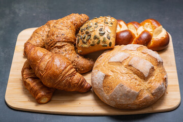 Croissant bread of bake Breakfast in the morning for health or diet food in Wooden tray