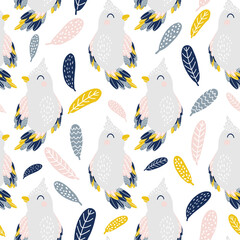 Pattern with birds and feathers. Hand-drawn stylized simple flat pattern on the white background. Vector illustration