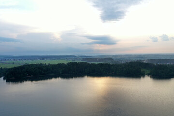 Fototapeta premium panoramic view of the river at sunset taken from a drone