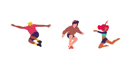 Happy jumping people flat vector illustration. Cheerful corporate employees cartoon characters set. Young male and female people in casual clothes isolated clipart. Diverse group of people.