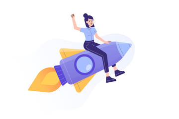 Business Startup Concept. Young business woman flying on a rocket up. Startup your project. Launching of a new company. Boosting business idea. Modern flat design. Isolated vector illustration