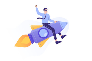 Business Startup Concept. Young business man flying on a rocket up. Startup your project. Launching of a new company. Boosting business idea. Modern flat design. Isolated vector illustration