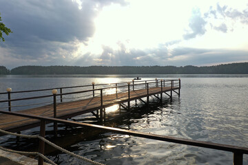 boat mooring on the river at sunrise filmed from a drone