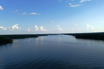 panoramic view of the river at sunset taken from a drone