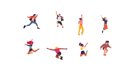 Happy jumping people flat vector illustration. Cheerful corporate employees cartoon characters set. Young male and female people in casual clothes isolated clipart. Diverse group of people.
