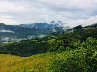 Landscape of misty mountain range