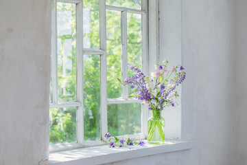 summer flowers in vase on windowsill in sunlight