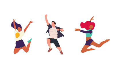 Happy jumping people flat vector illustration. Cheerful corporate employees cartoon characters set. Young male and female people in casual clothes isolated clipart. Diverse group of people.