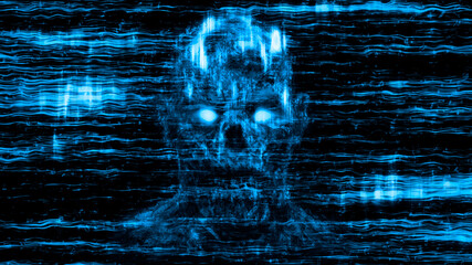 Evil neon skull abstraction from horizontal lines and noise.