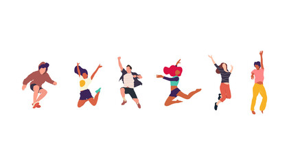 Happy jumping people flat vector illustration. Cheerful corporate employees cartoon characters set. Young male and female people in casual clothes isolated clipart. Diverse group of people.