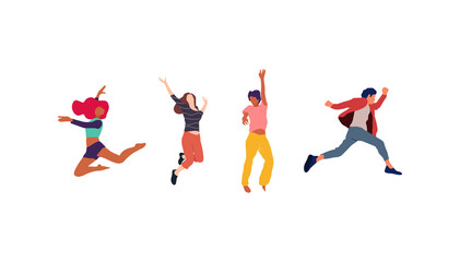 Naklejka na ściany i meble Happy jumping people flat vector illustration. Cheerful corporate employees cartoon characters set. Young male and female people in casual clothes isolated clipart. Diverse group of people.