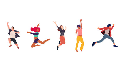 Happy jumping people flat vector illustration. Cheerful corporate employees cartoon characters set. Young male and female people in casual clothes isolated clipart. Diverse group of people.