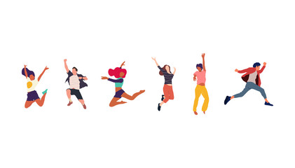 Happy jumping people flat vector illustration. Cheerful corporate employees cartoon characters set. Young male and female people in casual clothes isolated clipart. Diverse group of people.