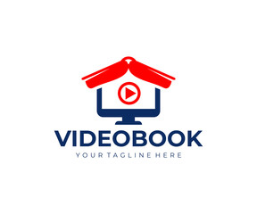 Videobook, book like a roof and computer monitor, logo design. Online education, video training and video lessons, vector design and illustration