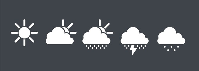 Fototapeta premium Set of basic weather icons, sun, cloud, storm, lightning, snow. Black and white vector illustration