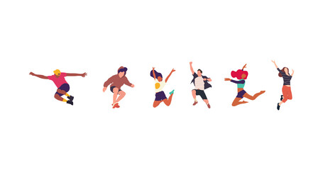 Happy jumping people flat vector illustration. Cheerful corporate employees cartoon characters set. Young male and female people in casual clothes isolated clipart. Diverse group of people.