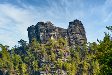 Sandstone rock formation the locomotive in German Saxon Switzerland