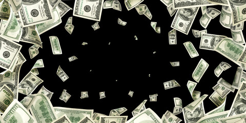 Hundred dollar bill. Falling money isolated on black background. American cash.