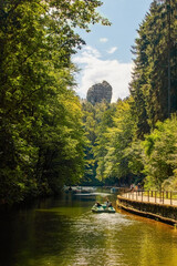 Rock formation called the valley guardians over Lake Amselsee in Saxon Switzerland