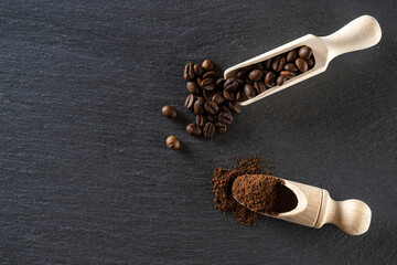 Cup coffee drink espresso background. Dark beans for black caffeine breakfast in cafe food. Brown roasted coffee seeds isolated for energy mocha, cappuccino ingredient. Copy space, top view