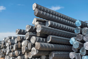 Stack of the rebar construction irons. Metal rods or bars.