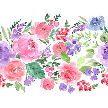 Seamless Border Of Delicate Pink And Lilac Watercolor Flowers